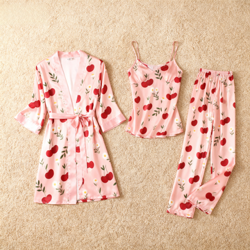 3-Piece Satin Nightwear-Cherry Print