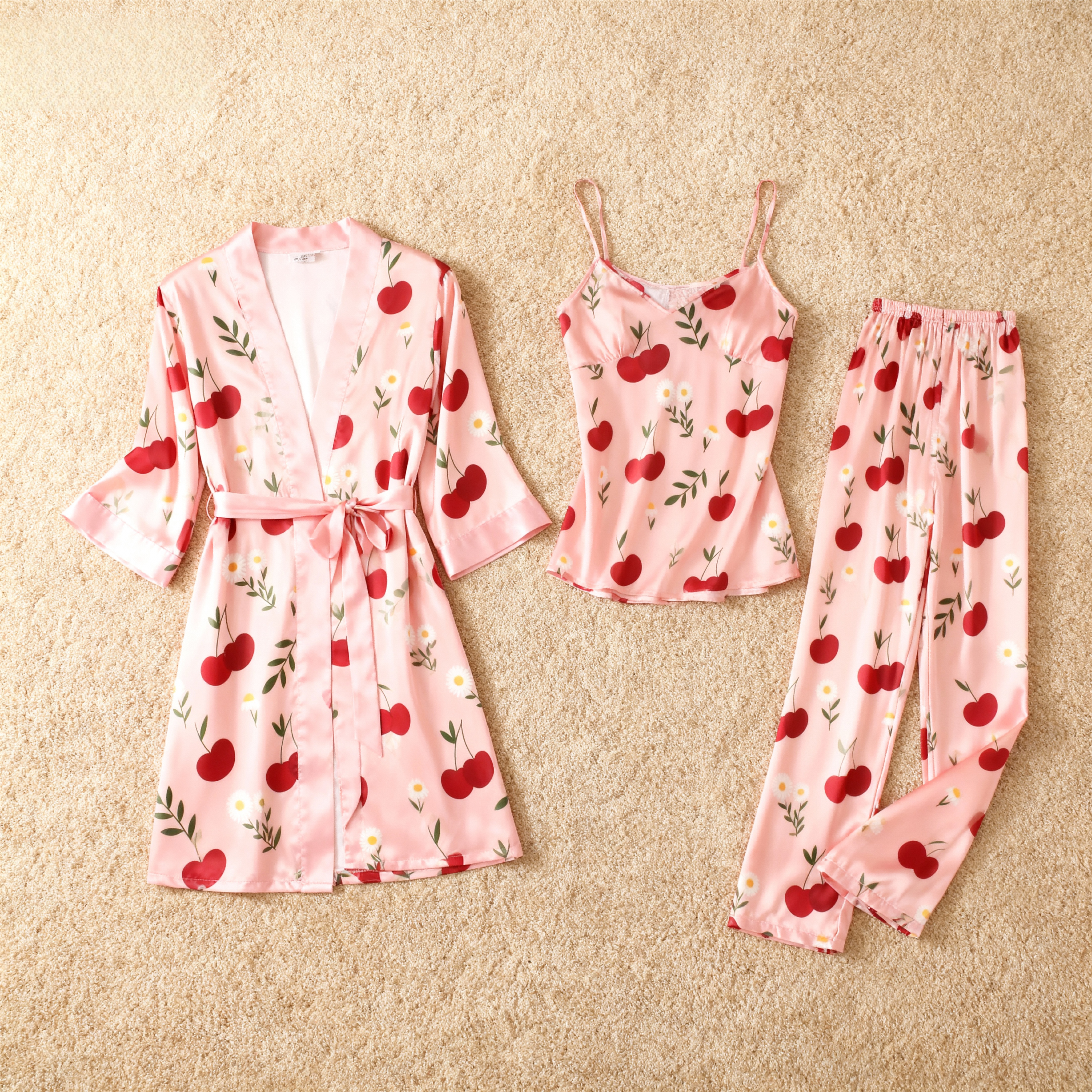 3-Piece Satin Nightwear-Cherry Print