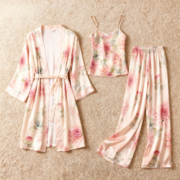 3-Piece Satin Nightwear-Women's Garden Flower Print