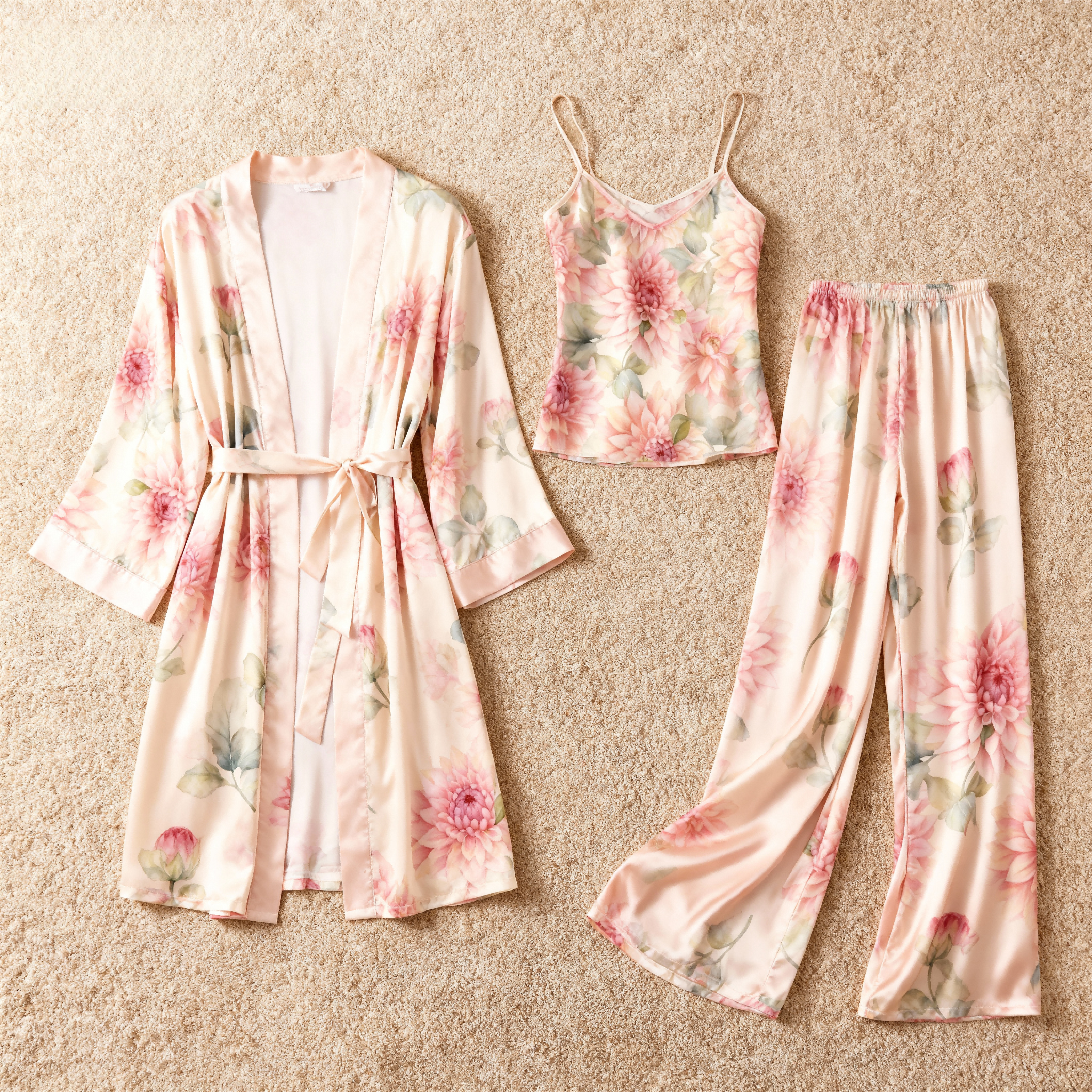 3-Piece Satin Nightwear-Women's Garden Flower Print