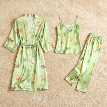 Women's Satin Pajama Set-3 Pieces Cute animal Print