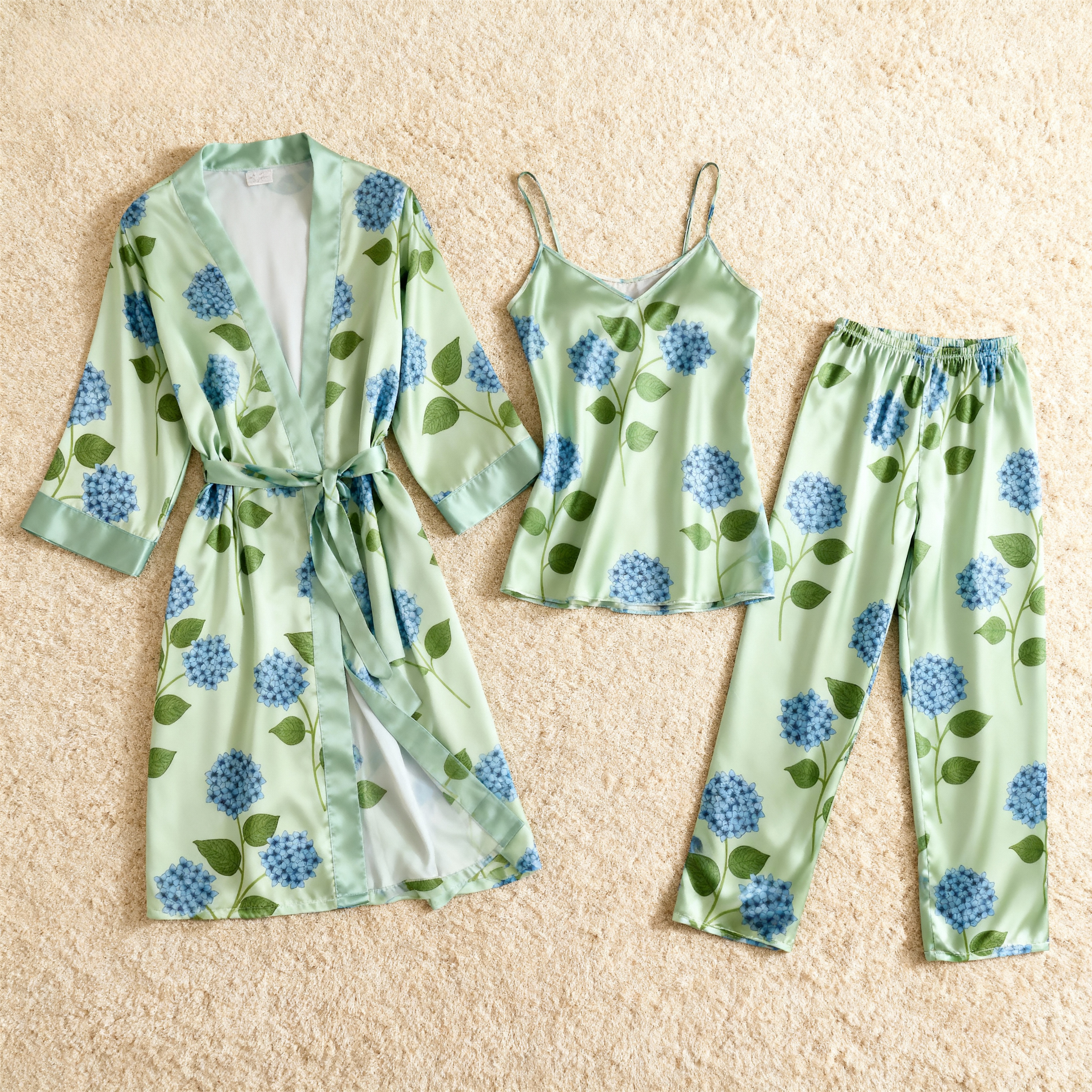 3-Piece Satin Nightwear-Hydrangea Print