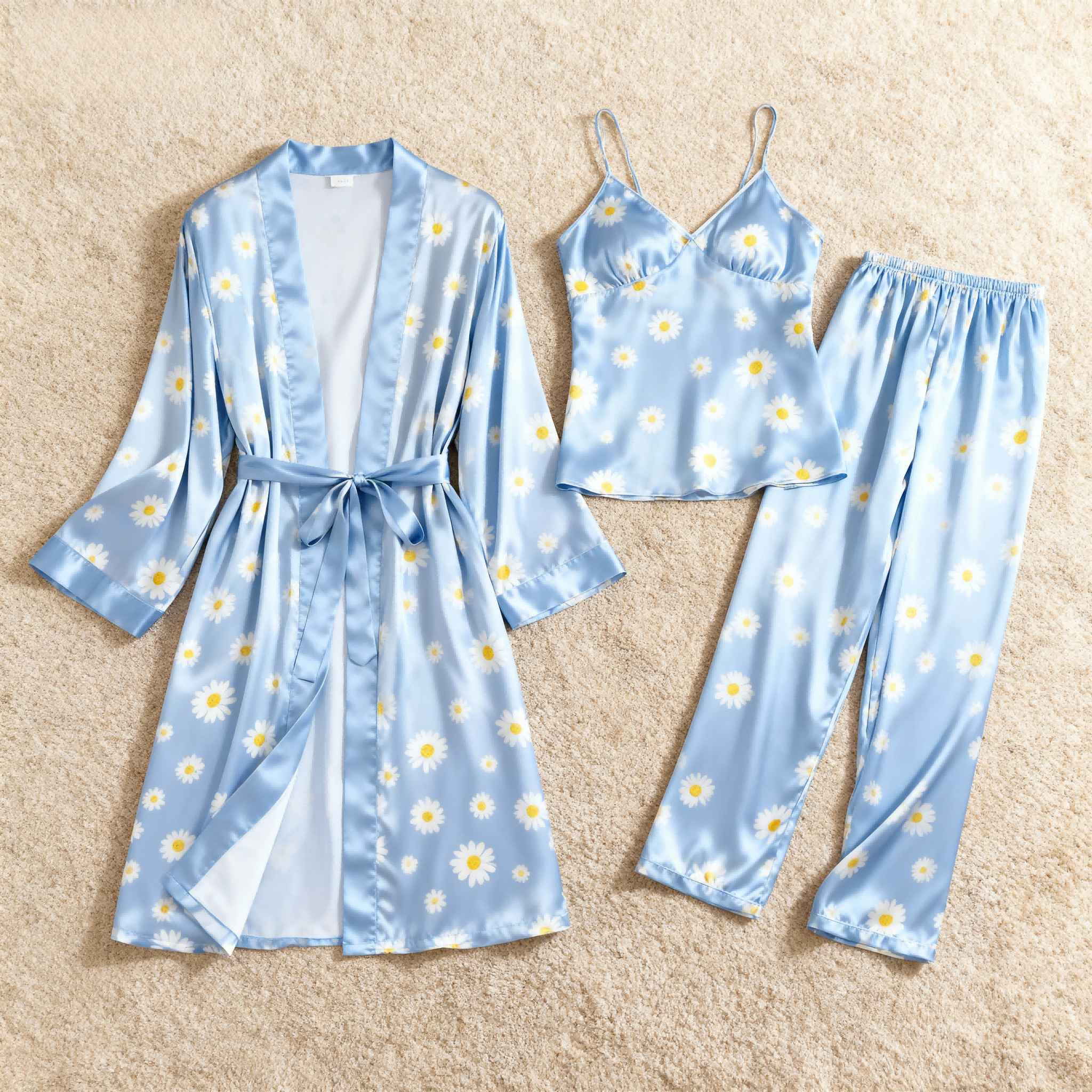 3-Piece Satin Nightwear-Daisy Print