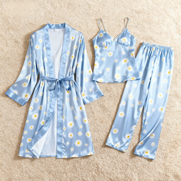 3-Piece Satin Nightwear-Daisy Print