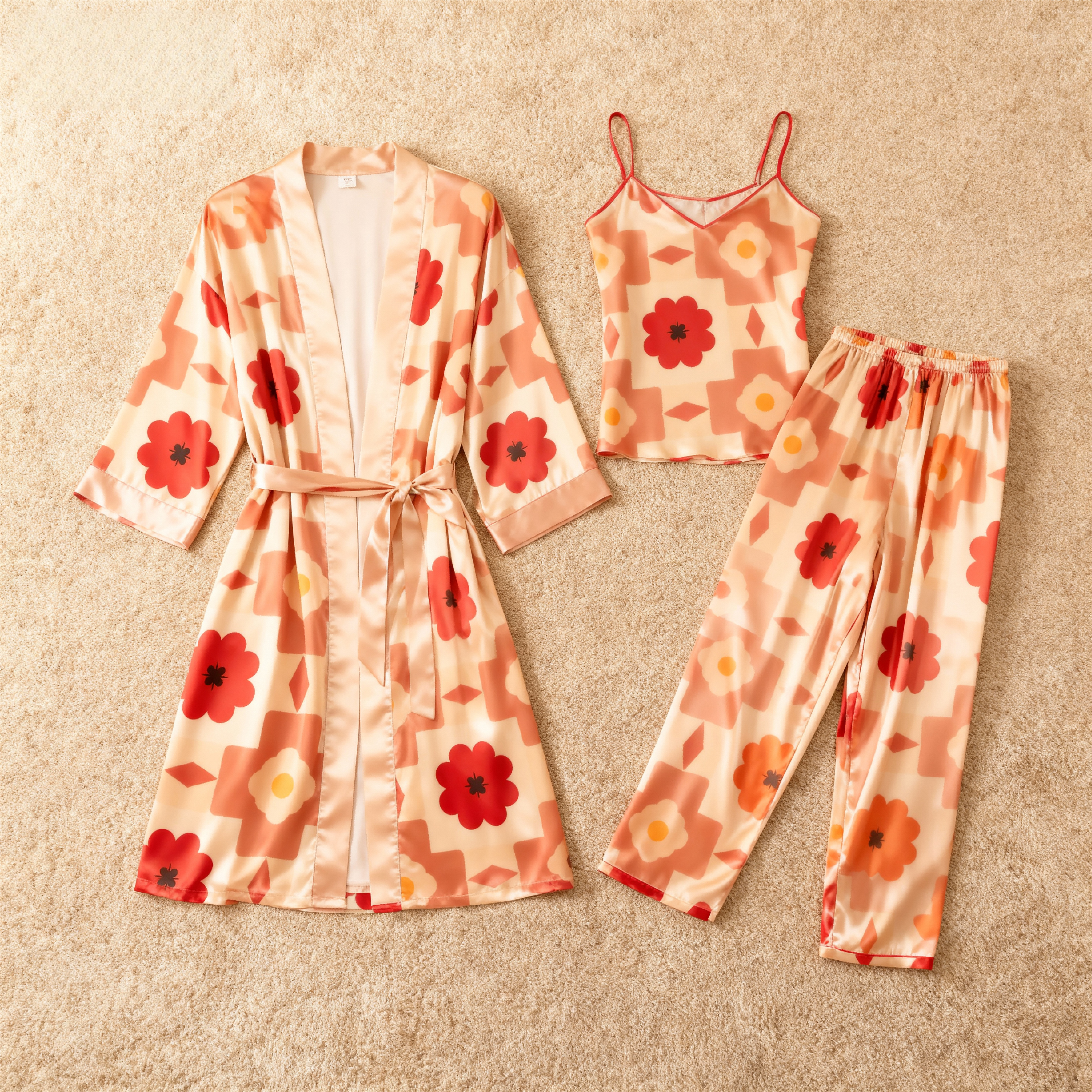 Satin Sleep Set-Women's 3 PCS Floral Lounge