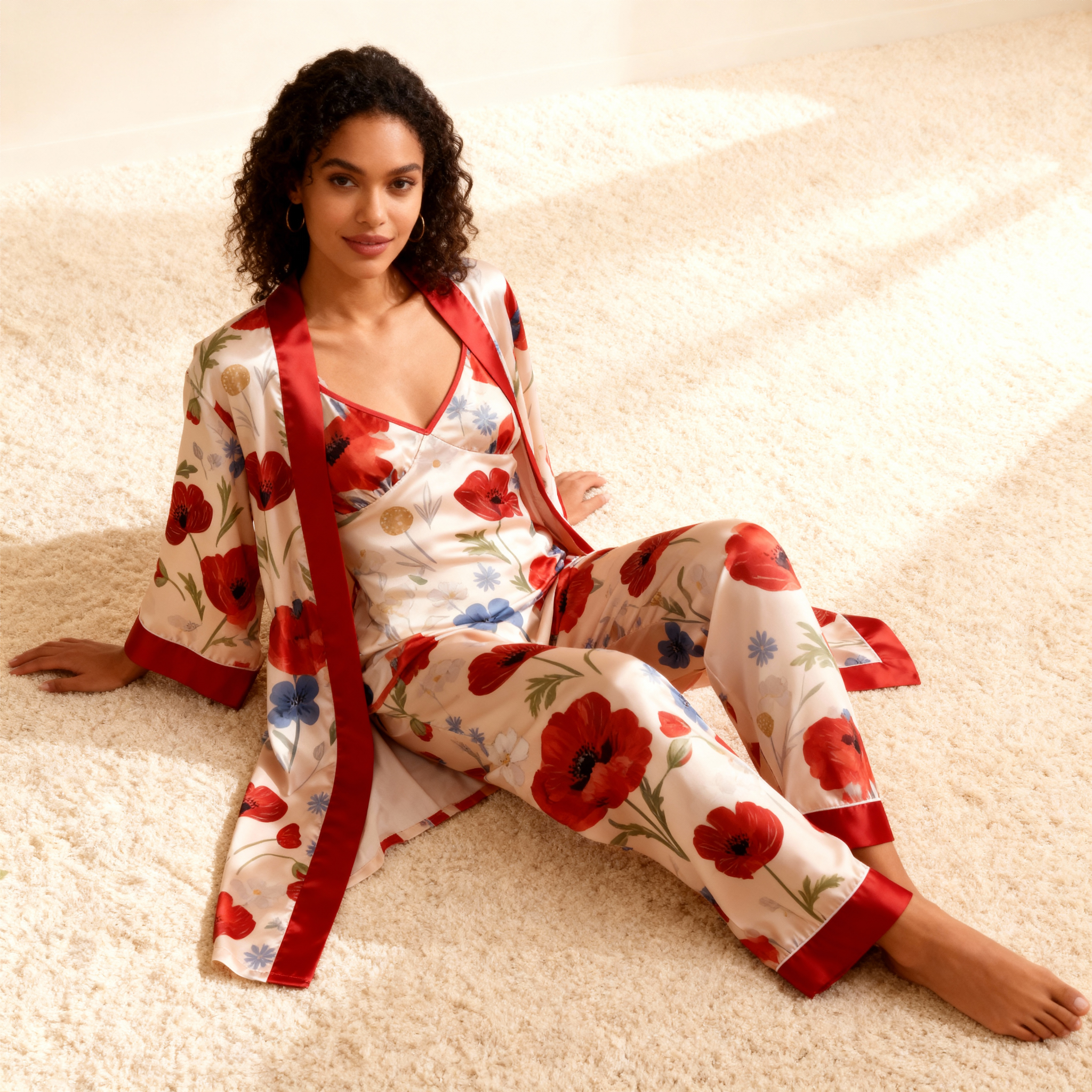 Women's Silk-Look Pajamas-3-Piece Satin Set with Bright Floral Prints