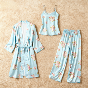 Women's Satin PJ Set-3 Pieces Luxury Flower Design