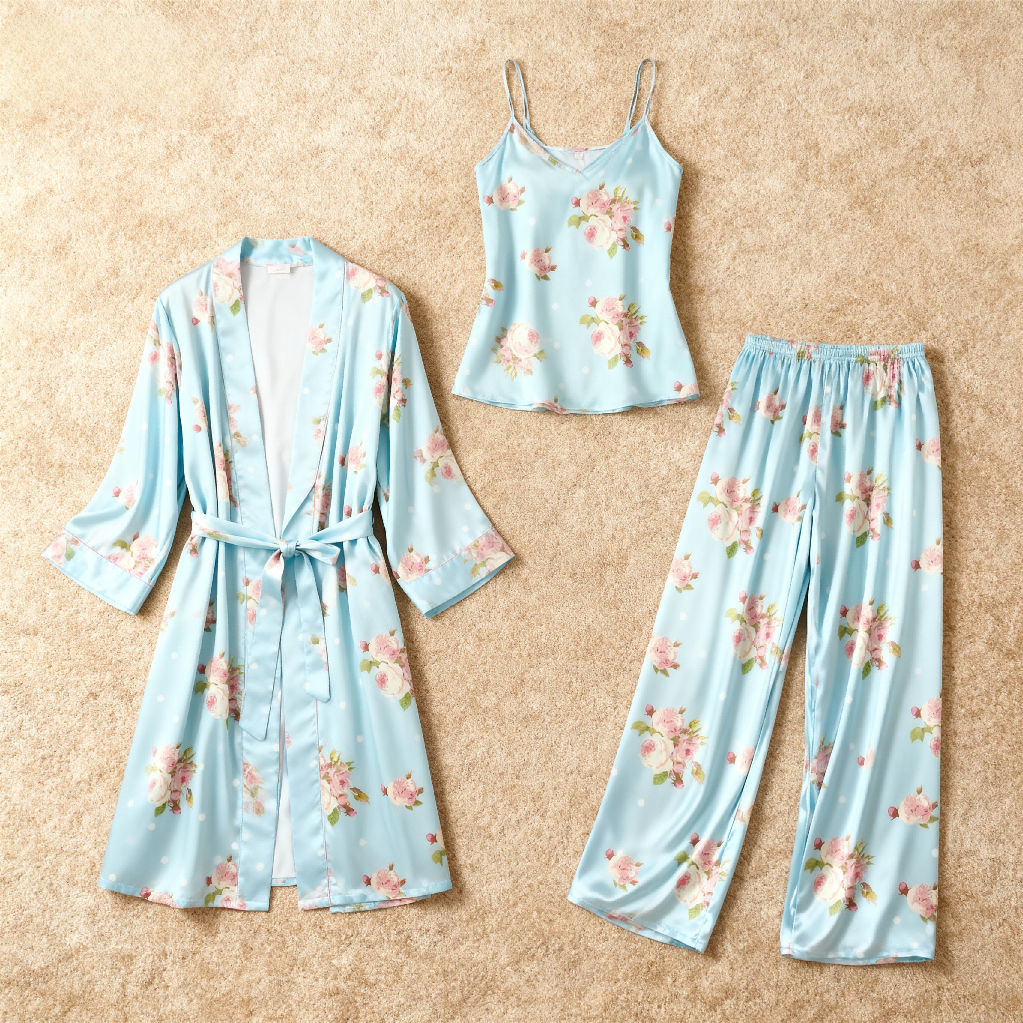Women's Satin PJ Set-3 Pieces Luxury Flower Design