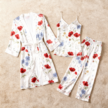 Women's Printed Satin Pajama 3-Piece Set