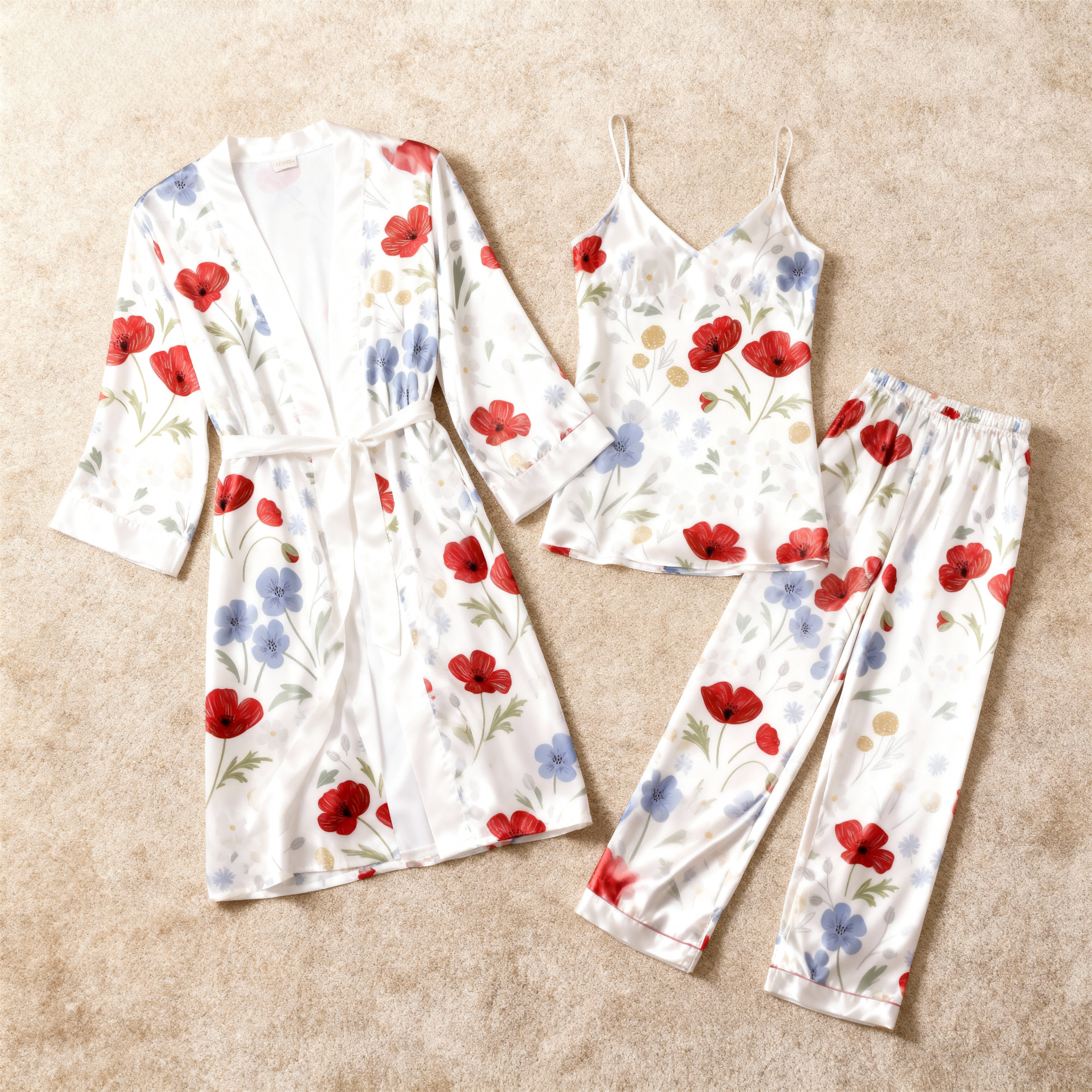 Women's Printed Satin Pajama 3-Piece Set