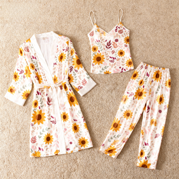 Satin Sleep Set-Women's 3 PCS Sunflower Lounge