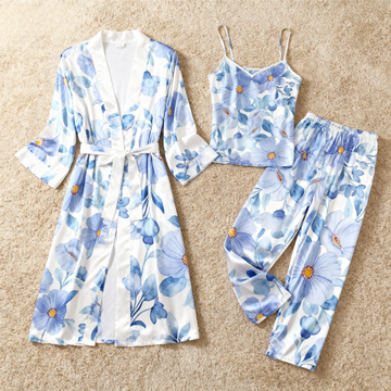 Elegant Satin Pajama Set-3 PCS Women's Floral