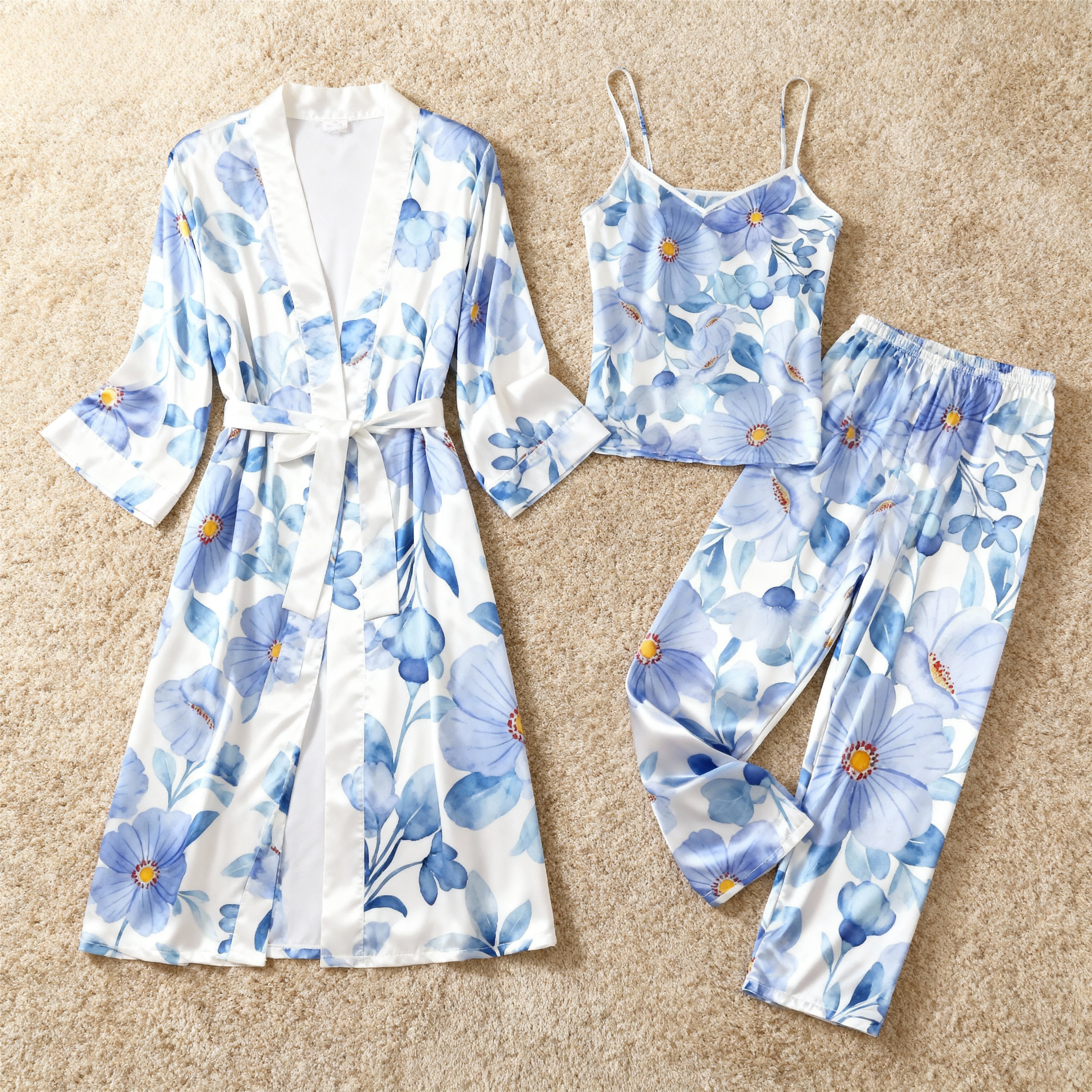 Elegant Satin Pajama Set-3 PCS Women's Floral