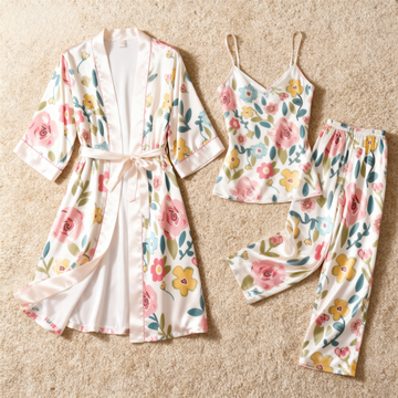 Satin 3 PCS Sleepwear Set-Women's Vintage Floral