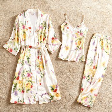 Satin PJ Set for Women-3 PCS Autumn Floral Print