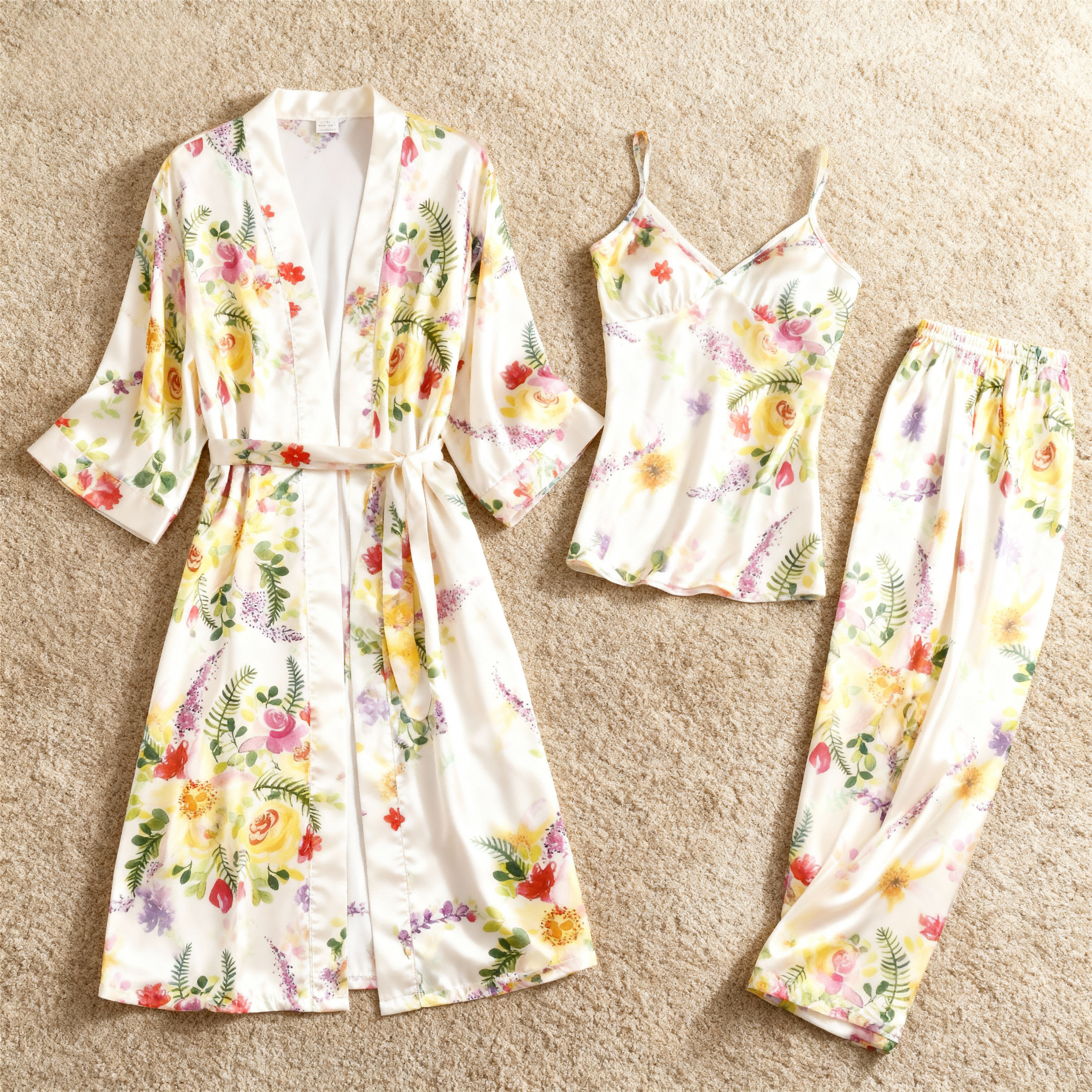 Satin PJ Set for Women-3 PCS Autumn Floral Print