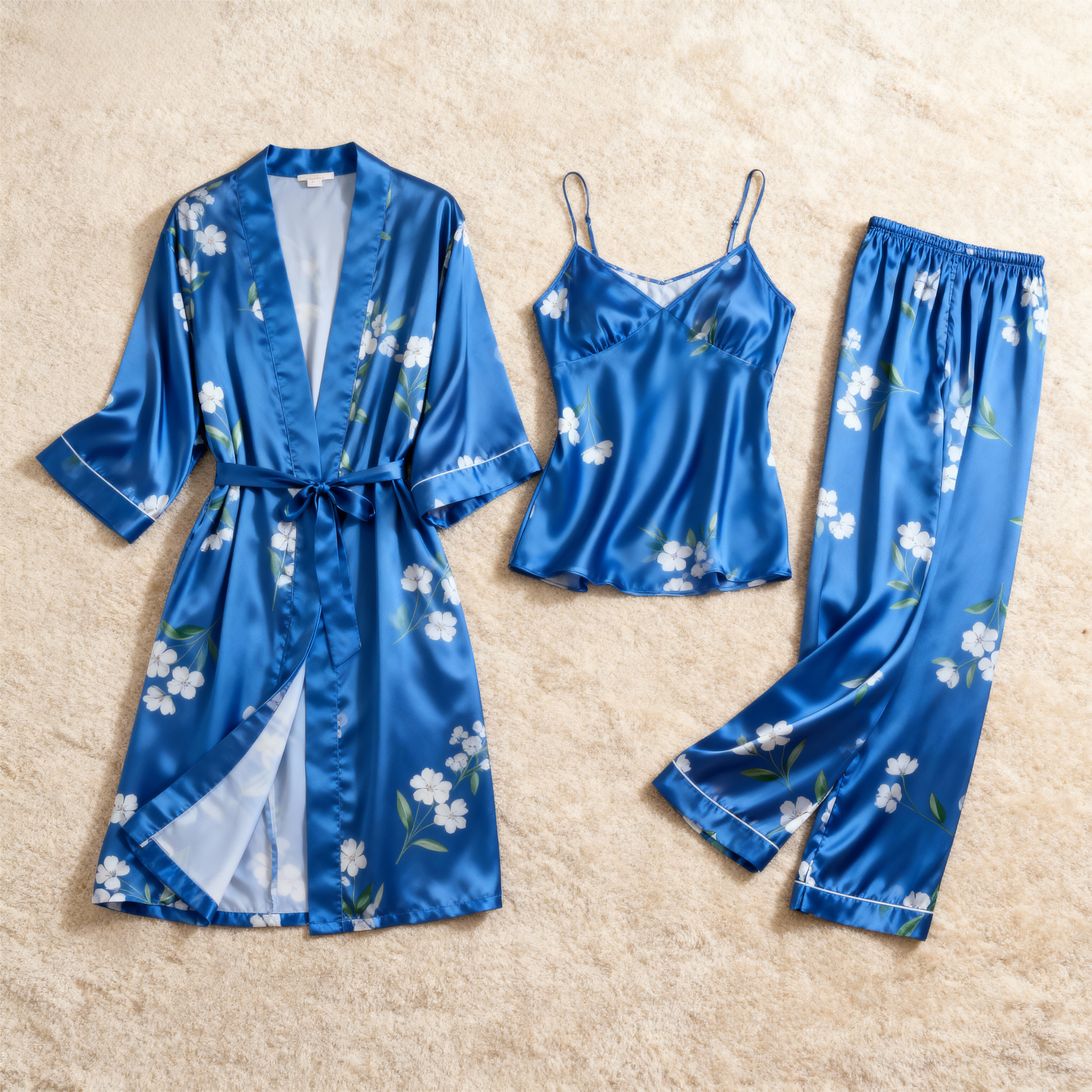 Women's 3-Piece Satin Pajama Set-Long Robe, Camisole, Pants, Floral Print