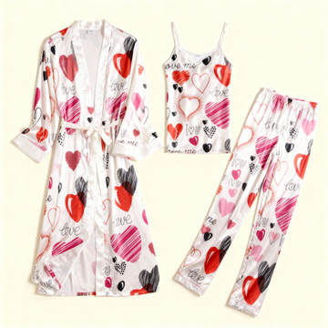 Elegant Heart Satin Sleepwear-Women's Robe, Cami & Pants 3-Piece Set