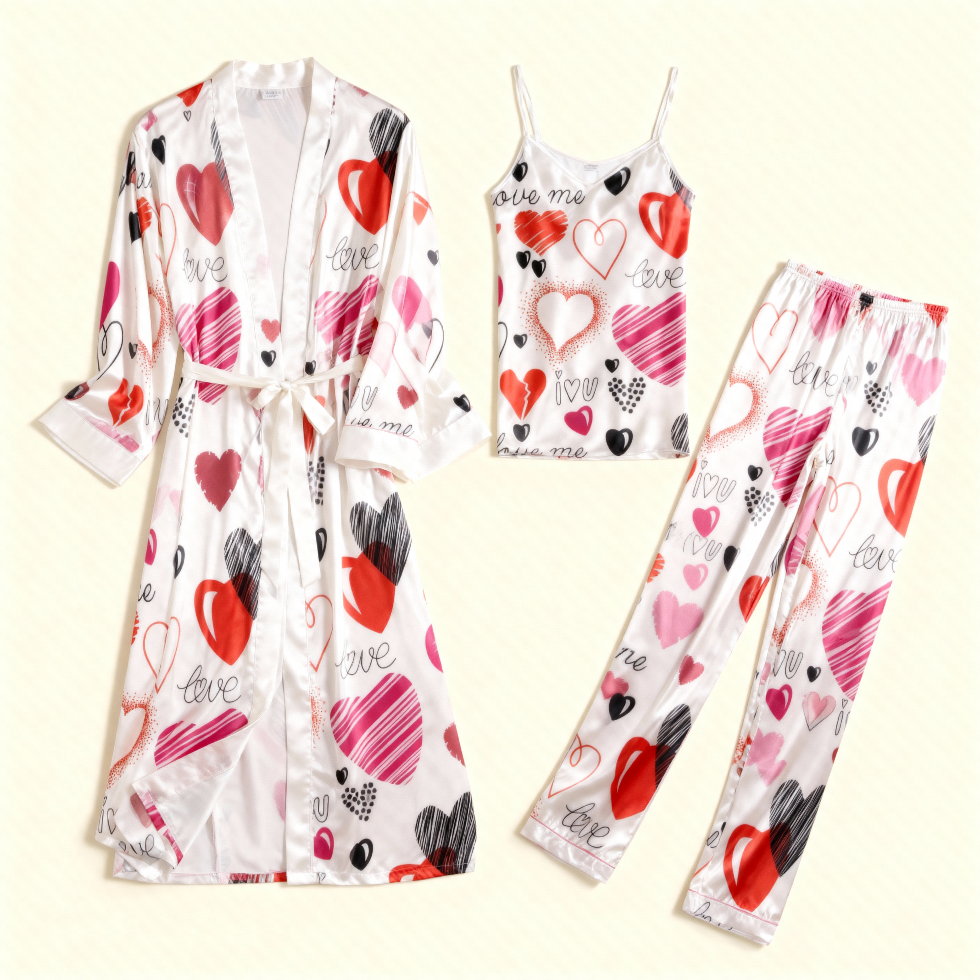 Elegant Heart Satin Sleepwear-Women's Robe, Cami & Pants 3-Piece Set