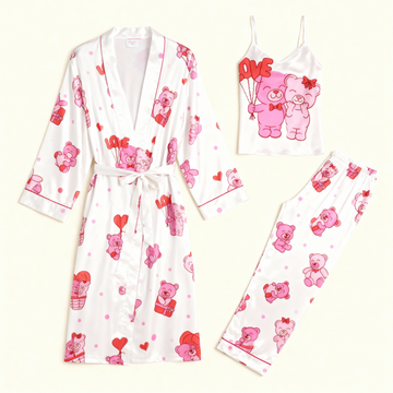 Women's Elegant Pajama Lounge Set-Satin Robe, Cami, Pants