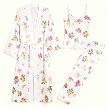 Elegant Satin Sleepwear Set-Women's 3 Pieces with Robe, Camisole, Pants