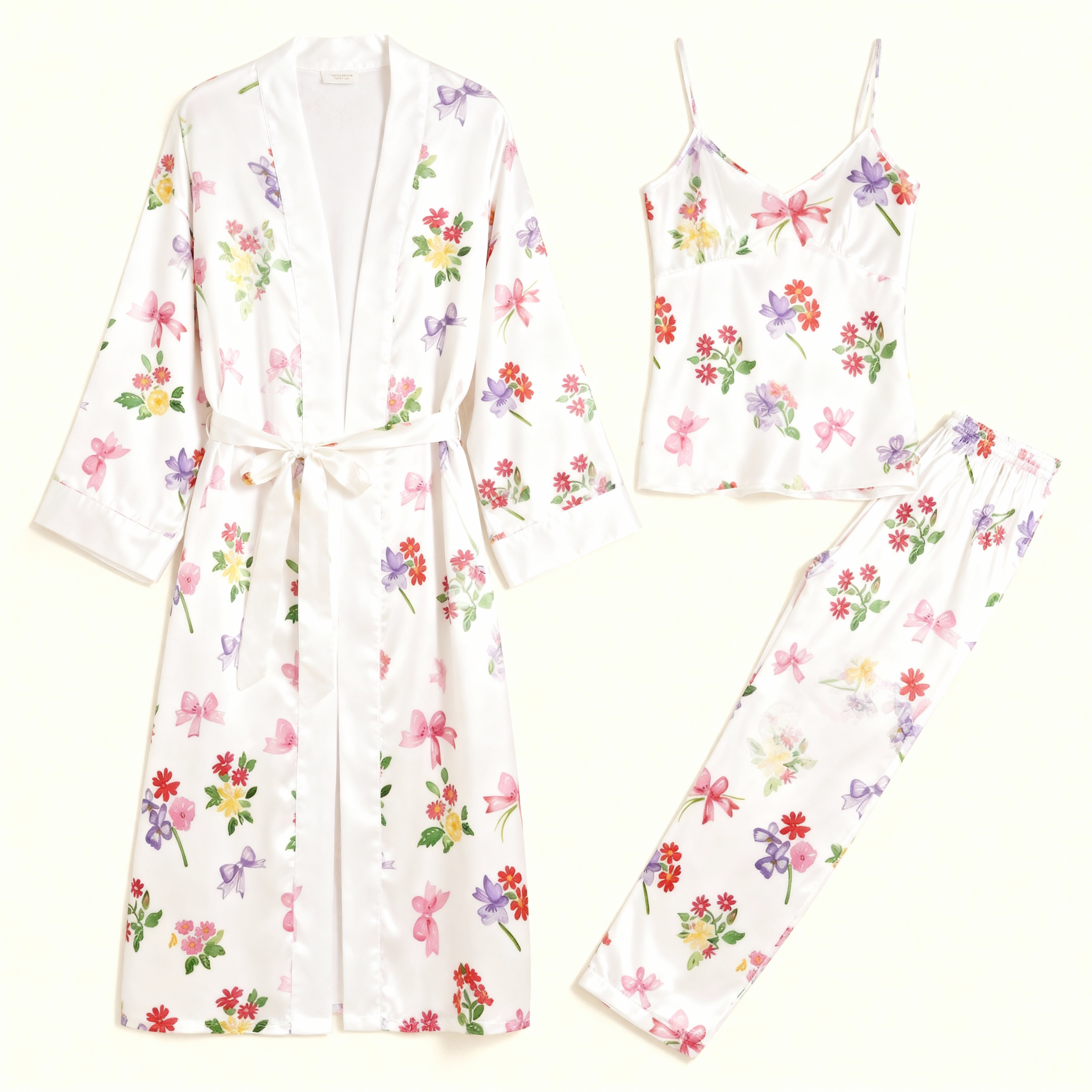 Elegant Satin Sleepwear Set-Women's 3 Pieces with Robe, Camisole, Pants