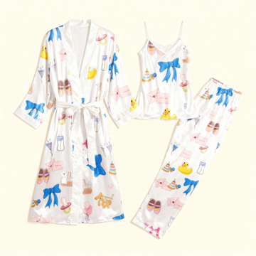 Women's 3-Piece Satin Pajamas Set with Long Robe, Cami, Pants