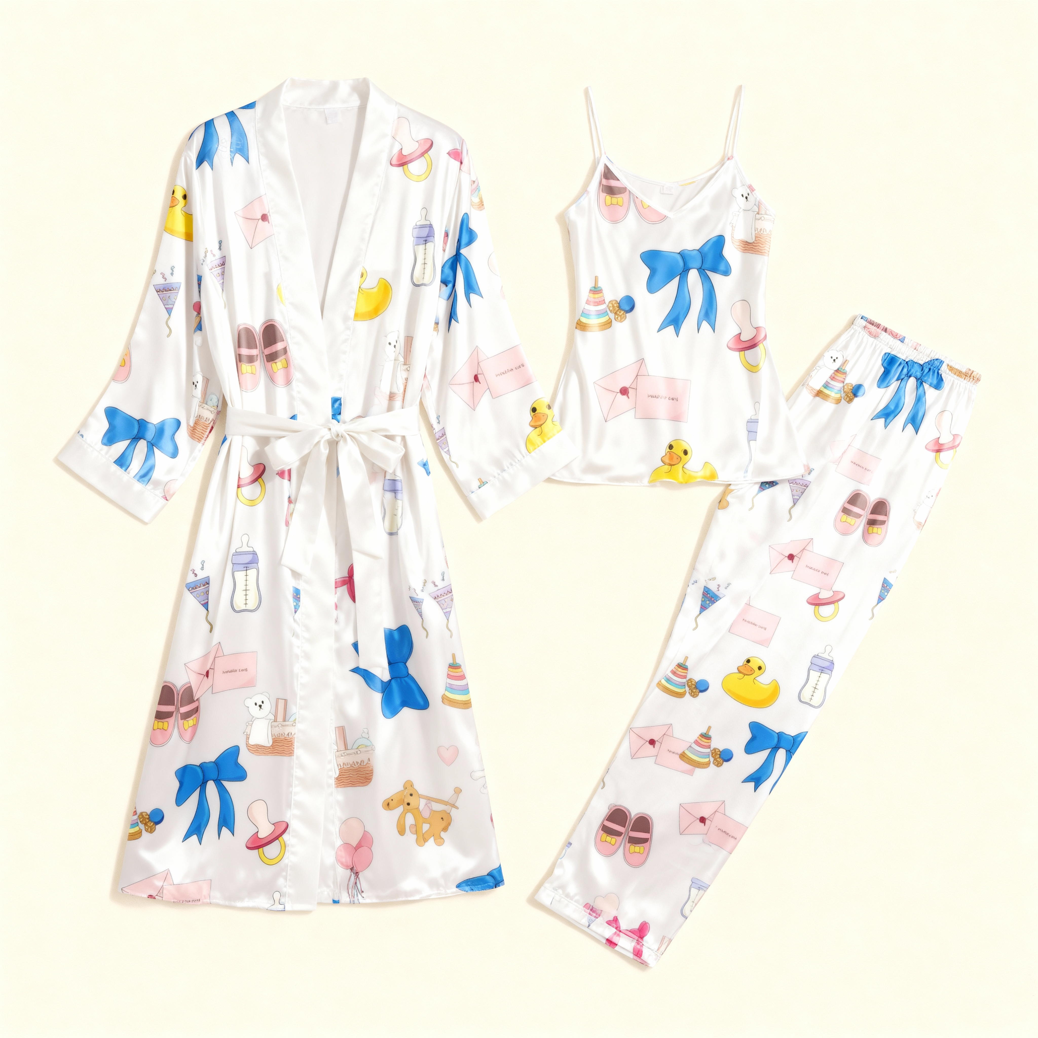 Women's 3-Piece Satin Pajamas Set with Long Robe, Cami, Pants
