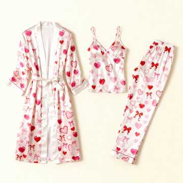 Elegant Heart Satin Sleepwear-Women's Robe, Cami & Pants 3-Piece Set