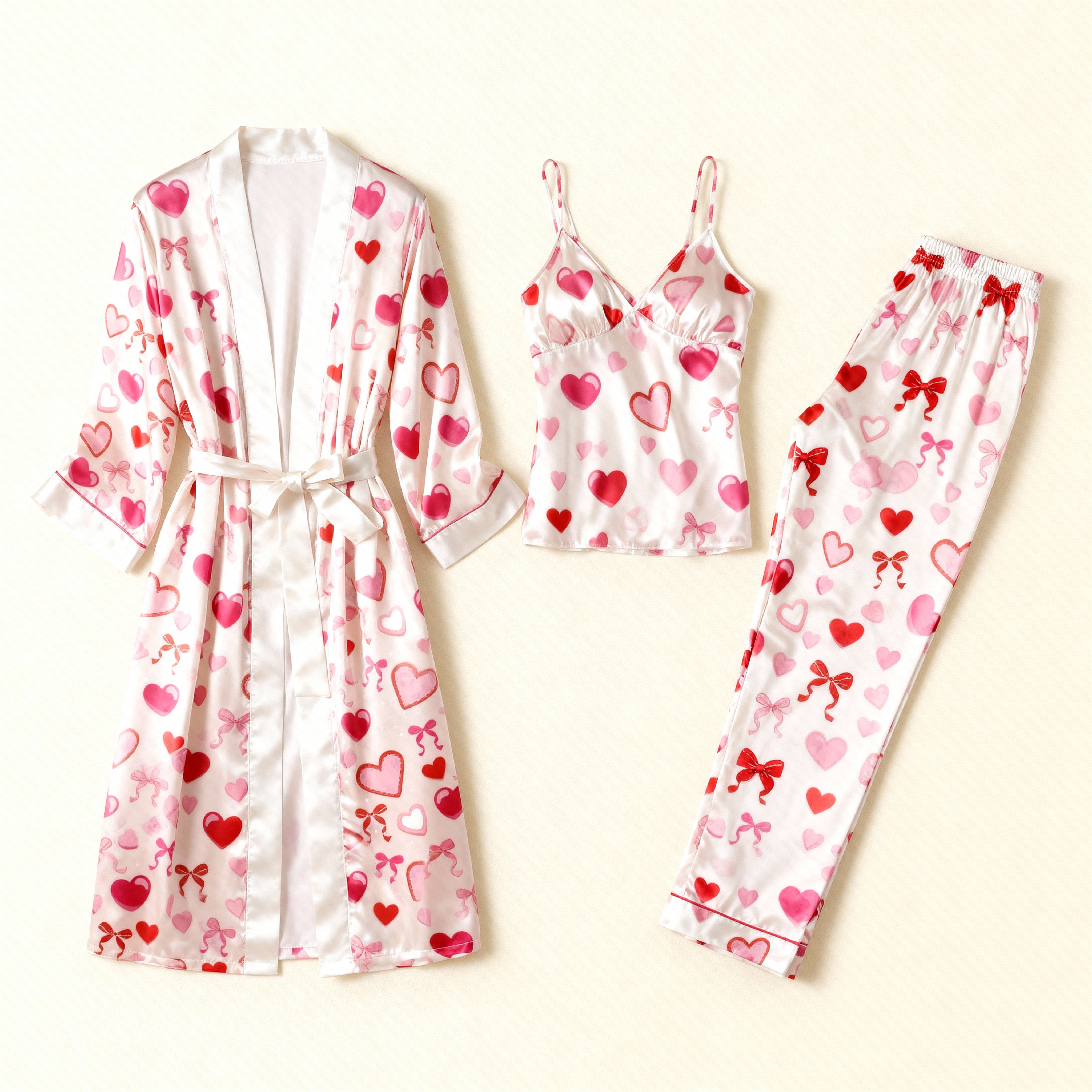 Elegant Heart Satin Sleepwear-Women's Robe, Cami & Pants 3-Piece Set