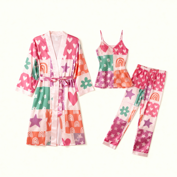 Luxury Satin Pajama Set-3 PCS Long Robe, Camisole & Pants