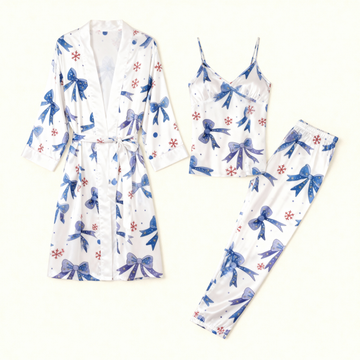 Satin Pajama 3-Piece Set-Long Sleeve Robe, Camisole, Pants in Floral & Ribbon Bow Style