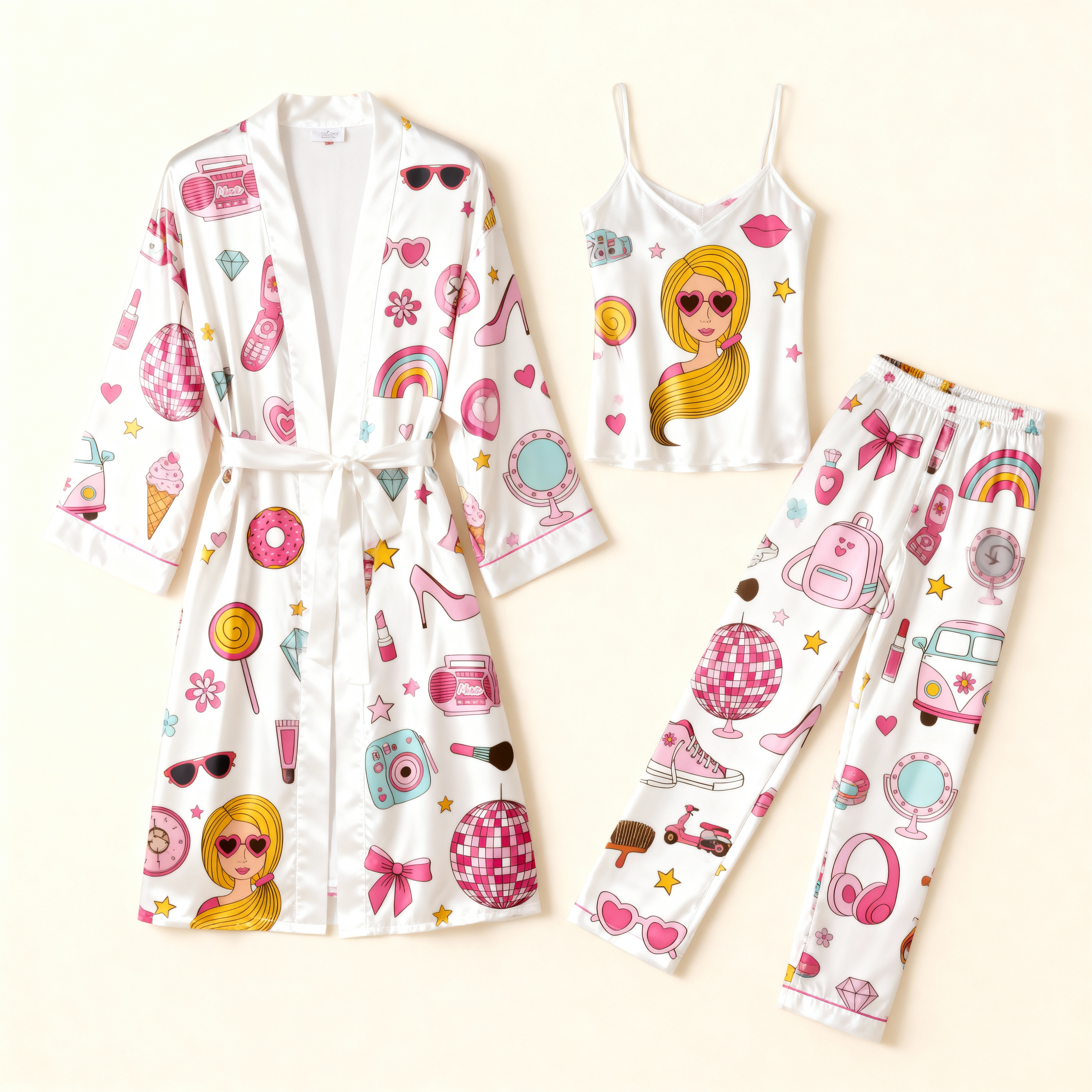 Chic Satin Nightwear-Women's 3 PCS Robe, Cami, Pants