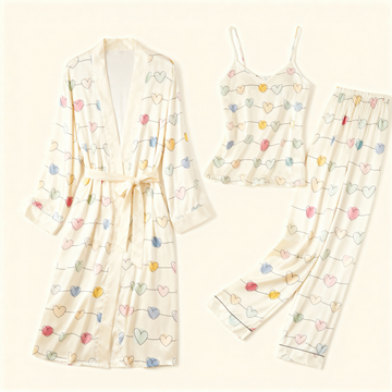 Romantic Heart Print Satin Sleep Set-Women's 3 PCS Robe, Cami, Pants