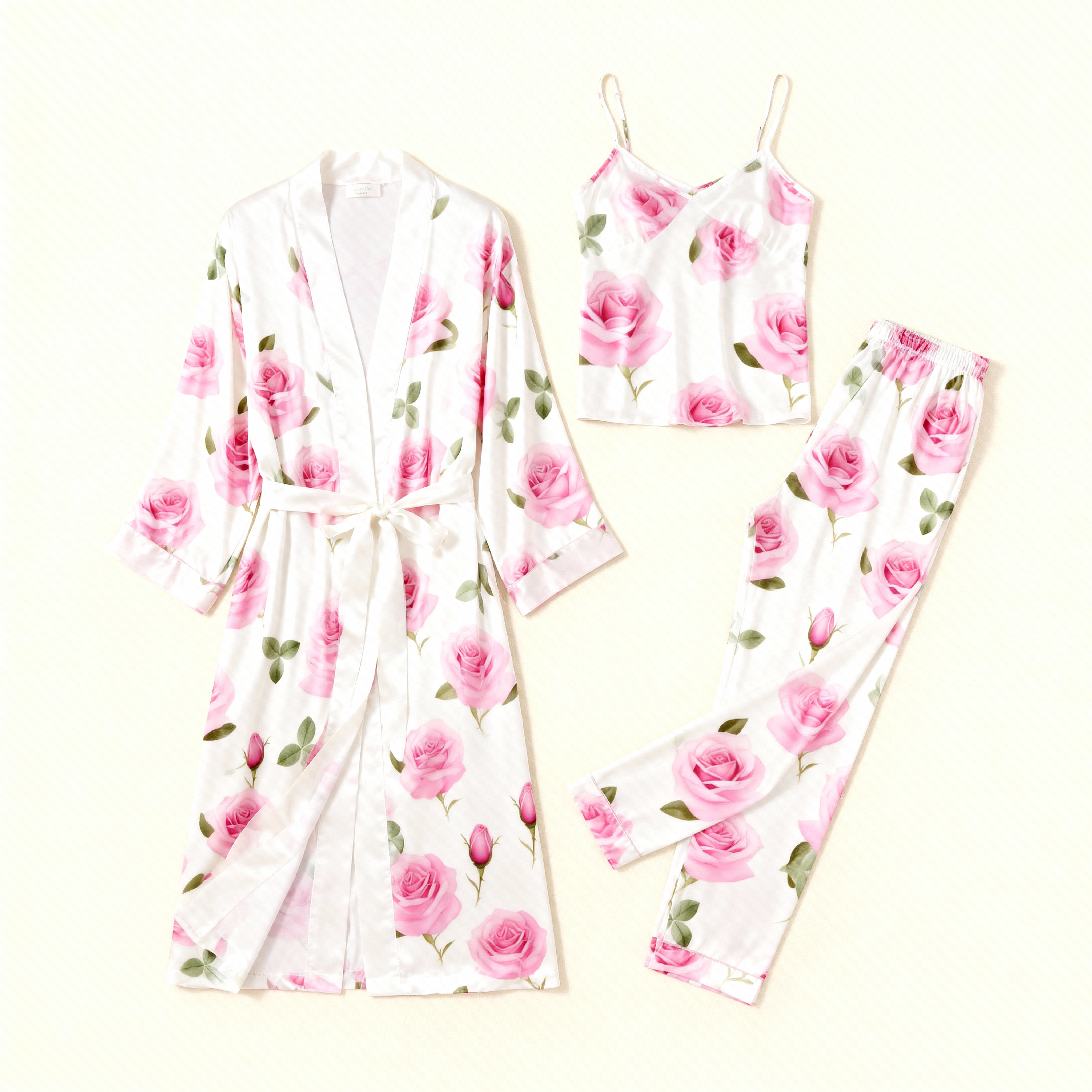 Satin Lounge Set-Women's Long Robe, Sleeveless Top & Relax Fit Pants