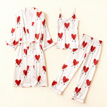 Lovely Heart Satin Sleepwear-Women's 3-Piece Night Set with Robe