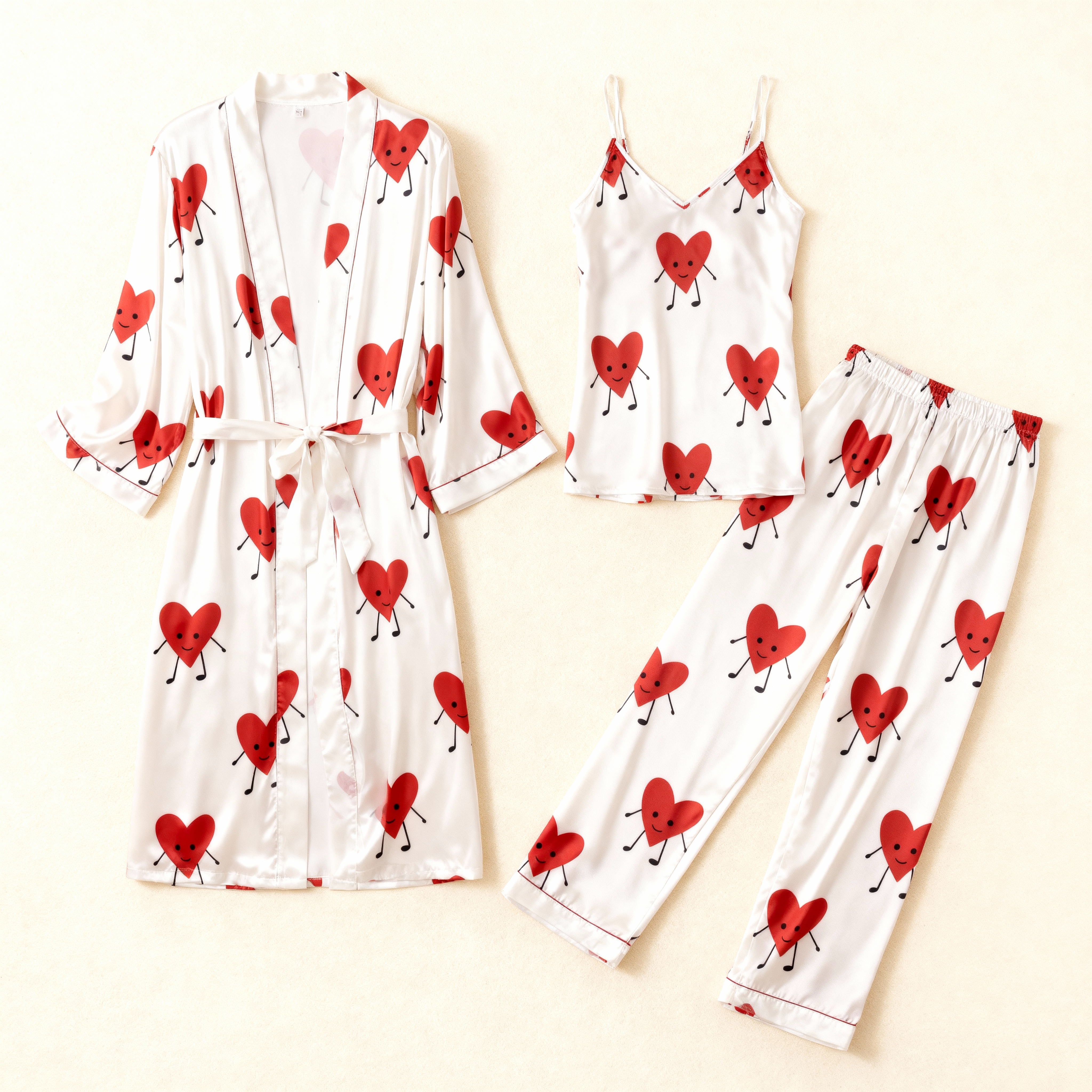 Lovely Heart Satin Sleepwear-Women's 3-Piece Night Set with Robe