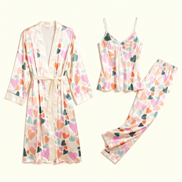Women's Romantic Pajamas-Heart Print Satin 3 PCS Robe, Tank & Pants