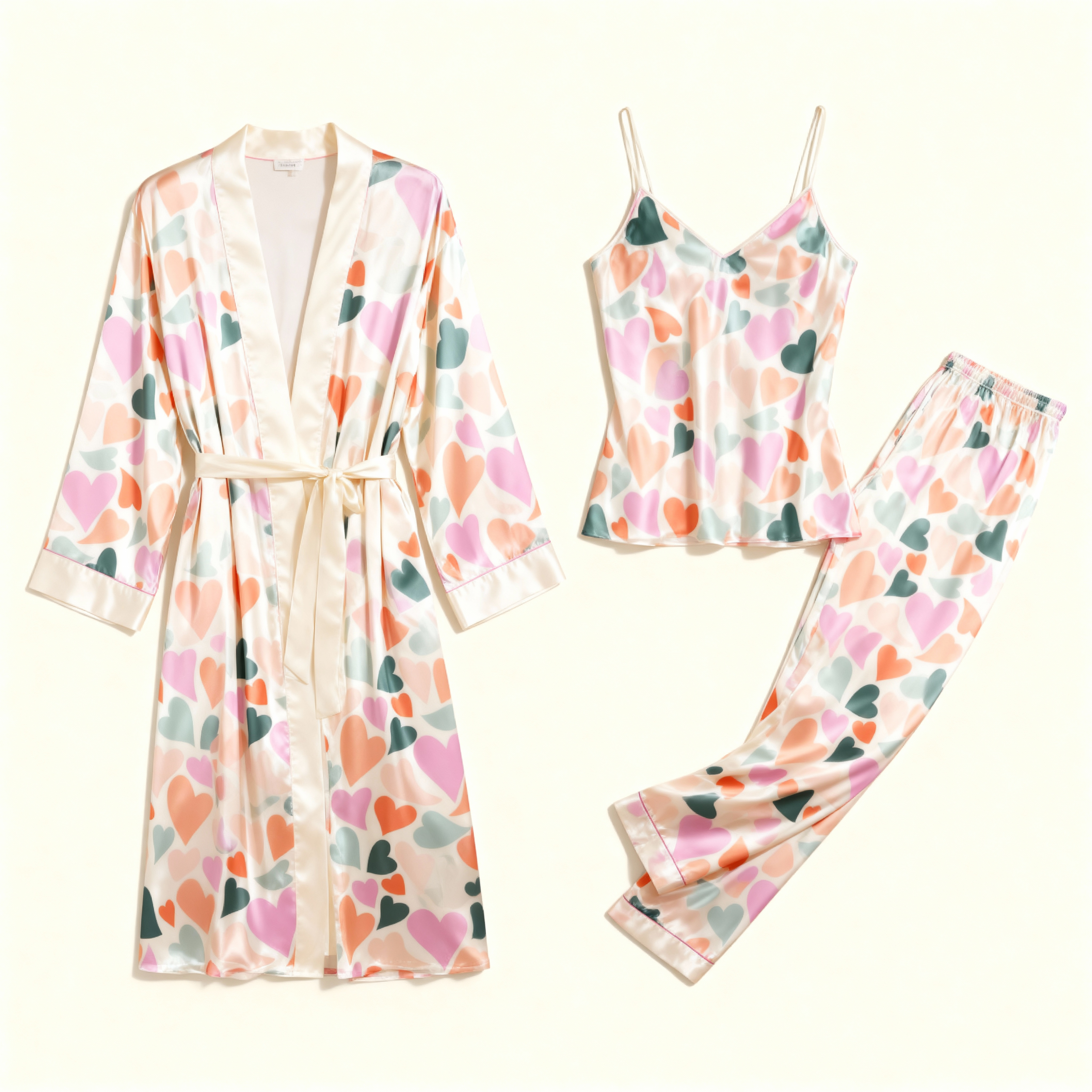 Women's Romantic Pajamas-Heart Print Satin 3 PCS Robe, Tank & Pants