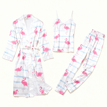 Women's Luxury Nightwear-Satin Robe, Cami, Pants with Flamingo Pattern