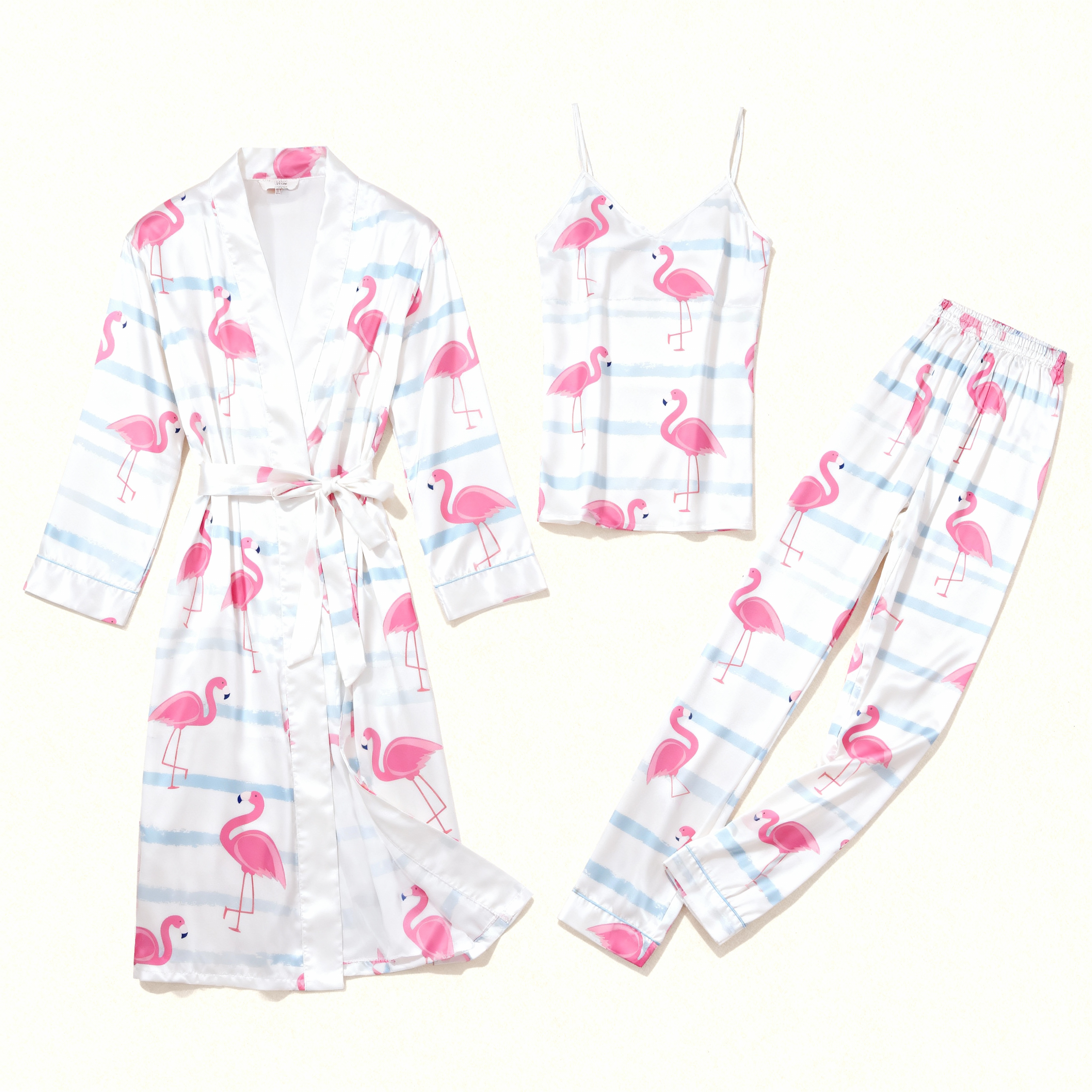 Women's Luxury Nightwear-Satin Robe, Cami, Pants with Flamingo Pattern
