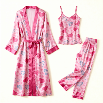 Satin 3 PCS Sleepwear-Women's Heart Print Pajama Set with Long Robe