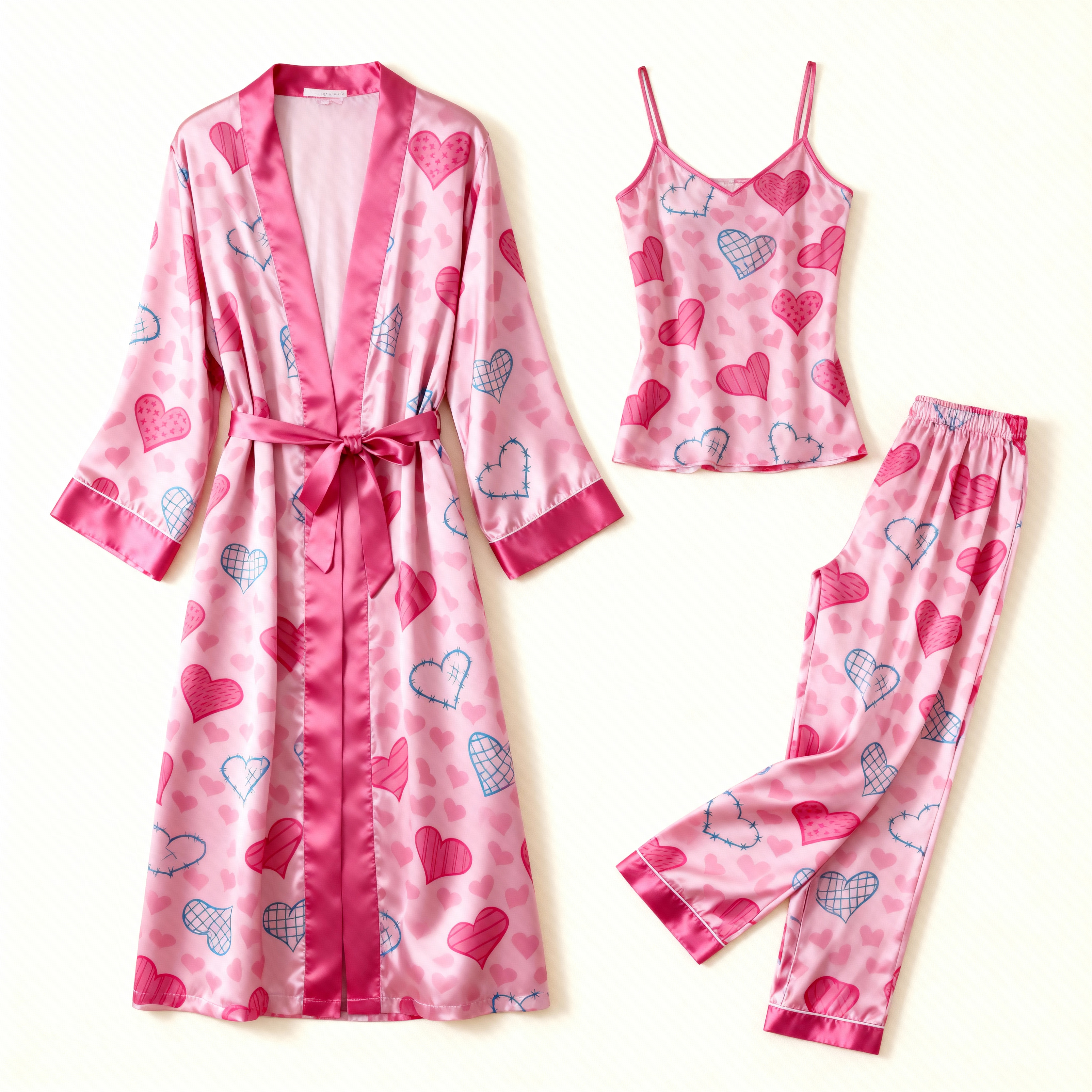 Satin 3 PCS Sleepwear-Women's Heart Print Pajama Set with Long Robe