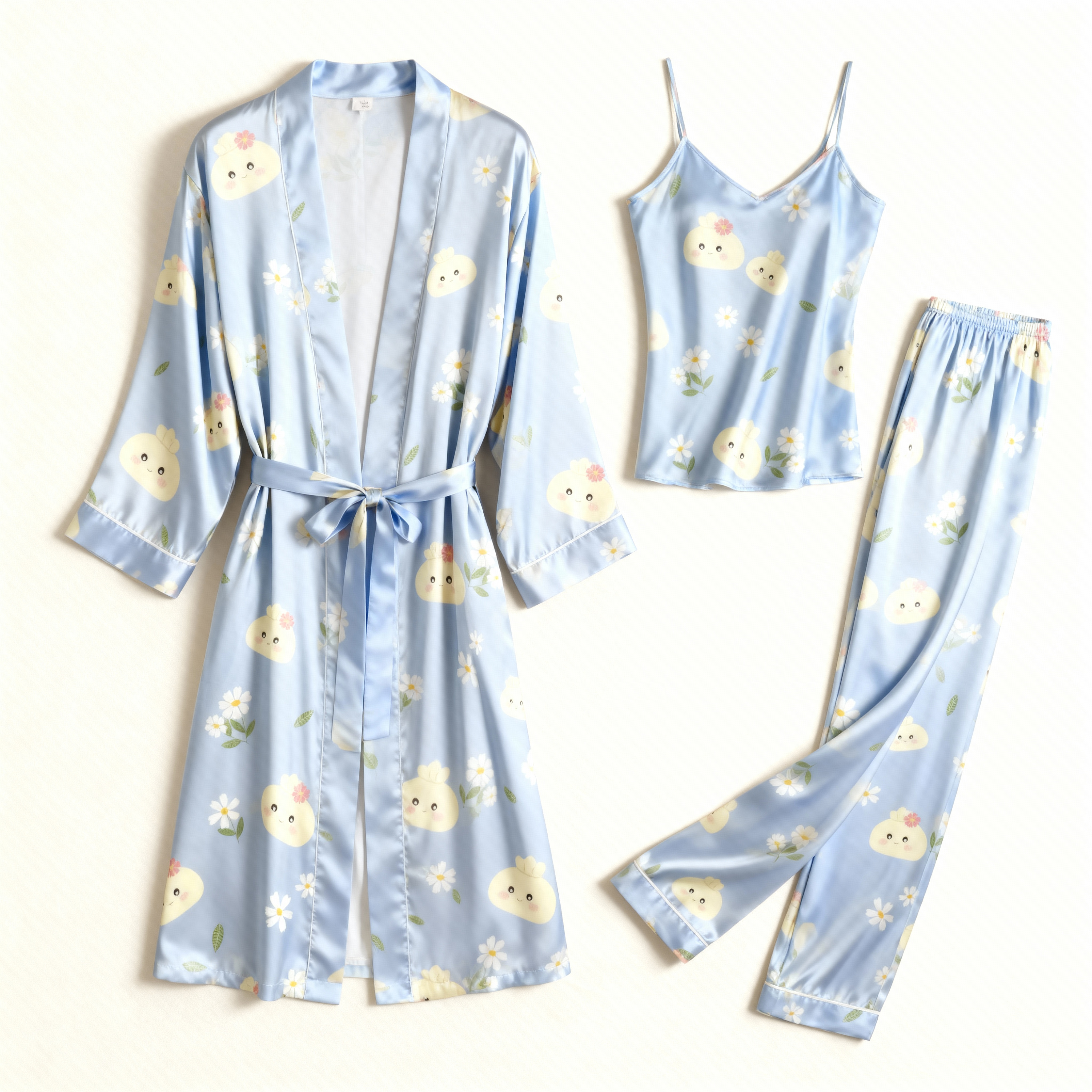 Women's Lounge Pajama Set-Satin Robe, Camisole & Pants, Botanical Print