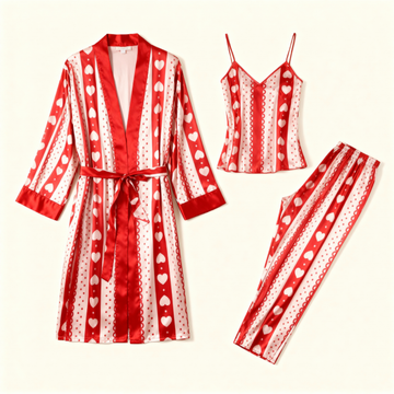 Women's Cute Heart Pajama Set-Satin Robe, Camisole & Pants