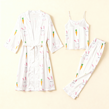 Women's Cute Rabbit Pajama Set-Satin Robe, Camisole & Pants
