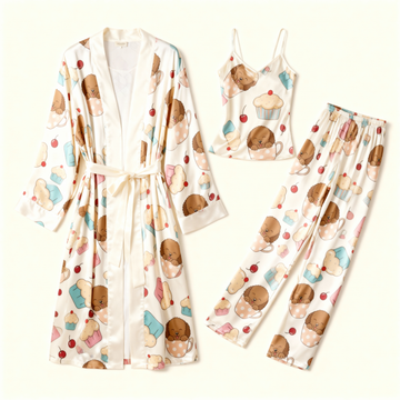 Women's Cute Dog Pajama Set-Satin Robe, Camisole & Pants
