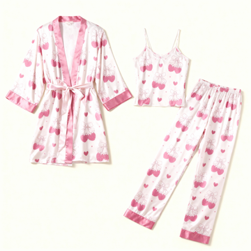Women's 3-Piece Cherry & Bow Satin Sleep Pajama Set