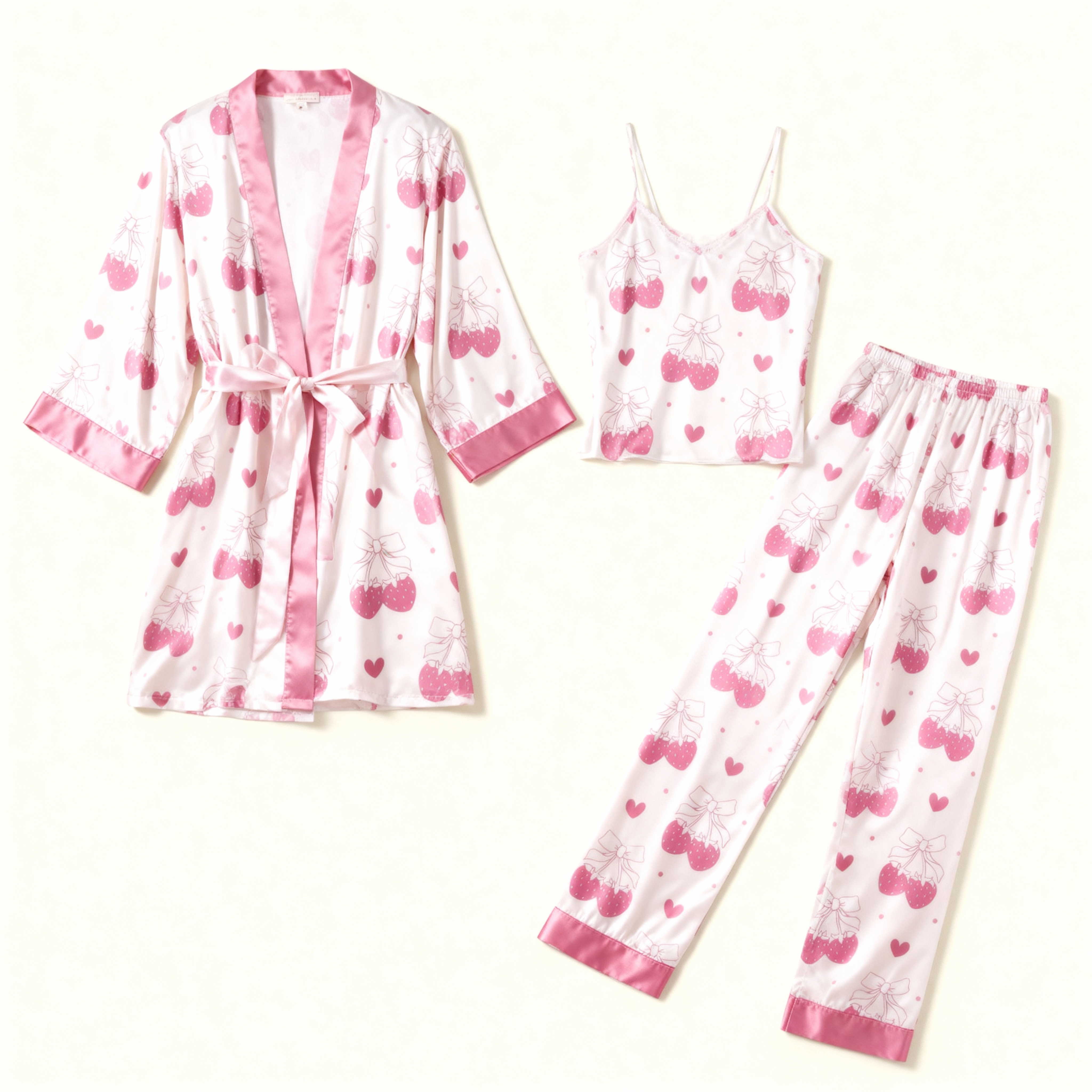 Women's 3-Piece Cherry & Bow Satin Sleep Pajama Set