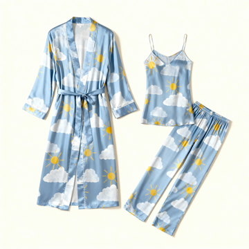 Women's 3-Piece Sun & Clouds Print Satin Sleep Pajama Set